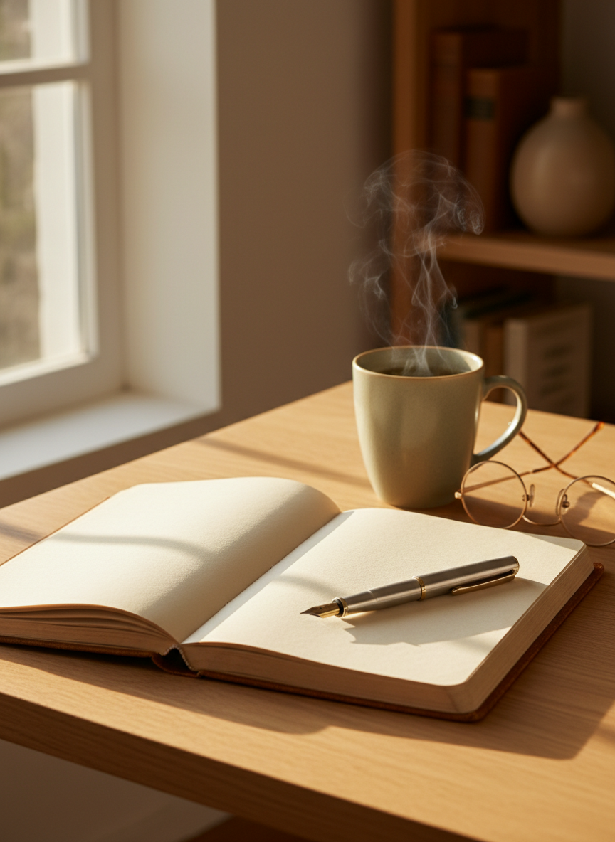 An open, softly worn leather journal lies on a smooth, pale oak desk, a slim fountain pen resting diagonally across a blank page. Nearby, a pair of reading glasses is folded beside a gently steaming cup of herbal tea in a thin-rimmed porcelain mug, its muted sage color echoing the blog’s calm palette. The desk is positioned near a large window; golden hour sunlight streams in, illuminating the paper’s texture and creating delicate highlights on the pen’s metal clip. The background falls into a gentle, creamy blur of shelves lined with a few well-chosen books and a single ceramic vase. Shot from a close-up, slightly overhead angle with shallow depth of field, the image feels introspective and sophisticated, symbolizing reflective writing and rediscovering self beyond parenting.
