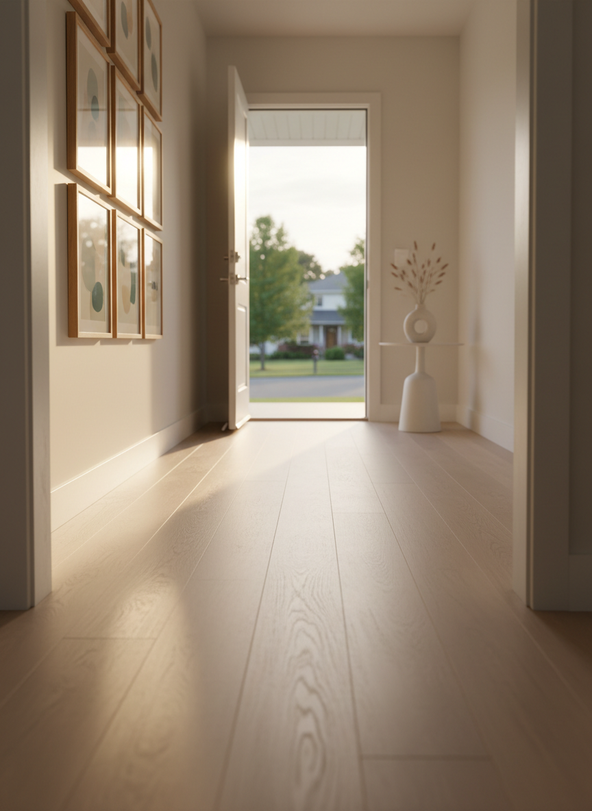 A hallway with pale, matte hardwood floors leading to an open front door, beyond which a softly blurred suburban street and distant trees are visible. On the hallway wall, a series of framed family photos hangs in a clean grid, but each frame contains only soft, abstract shapes and muted tones instead of distinct faces, evoking memory without specific identity. Late afternoon light enters from the open door, stretching long, warm reflections across the floor and gently illuminating the frames’ subtle textures. The camera is placed low and slightly behind, looking toward the doorway, creating a sense of movement forward. Photographic realism with minimalist decor and a restrained color palette, the atmosphere both nostalgic and quietly hopeful, capturing the transition between honoring the past and stepping into what’s next.