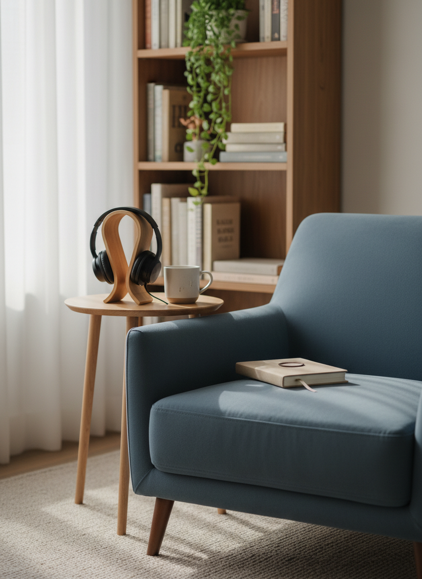 A cozy listening corner featuring a low, upholstered armchair in muted slate blue, unoccupied and angled slightly toward a slender side table. On the table rests a minimalist pair of over-ear headphones on a small wooden stand beside a closed linen-bound notebook and a simple white ceramic mug. The corner is framed by a tall, narrow bookshelf holding a curated selection of neutral-toned spines and a single trailing plant. Soft, diffused daylight filters through sheer curtains, casting gentle shadows and subtle gradients across the fabric surfaces. Captured at eye level with an asymmetrical composition and shallow depth of field, the focus rests on the headphones and chair, suggesting intentional solitude and quiet listening time. Photographic realism with a refined, calm aesthetic, ideal for illustrating the podcast component of an empty-nest journey.
