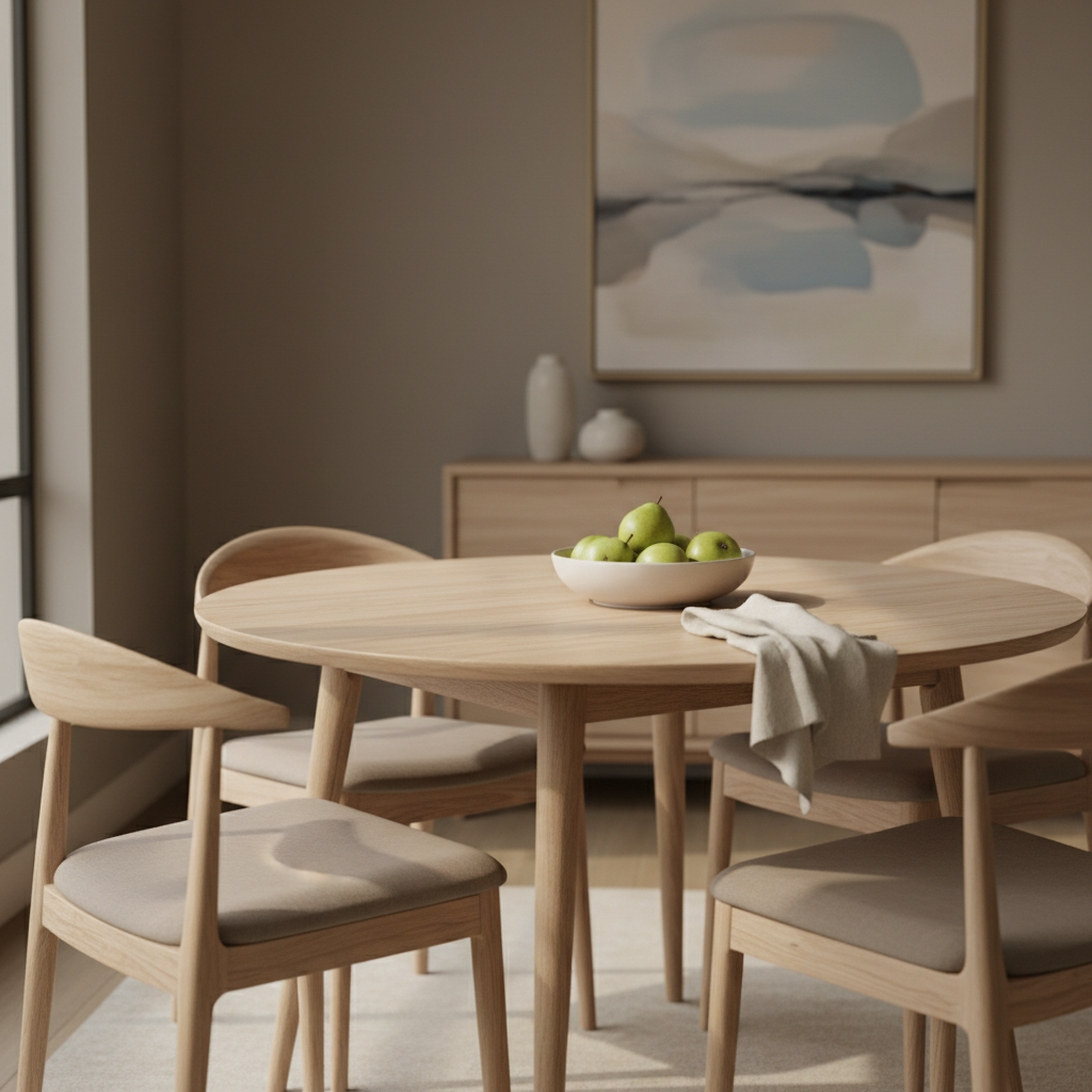 A round, light-wood dining table with four elegant, empty chairs pushed in neatly, the surface almost bare except for a single porcelain bowl filled with pale green pears and one folded linen napkin. The table sits in a serene, modern dining room with muted taupe walls and a large window off to the side. Soft morning light filters in, creating subtle gradients across the tabletop and highlighting the delicate wood grain. The far background fades into a gentle blur of a tidy sideboard and a framed abstract painting. Captured from a slightly elevated angle using the rule of thirds, the composition suggests both absence and peaceful calm. Photographic realism with a refined, minimalist mood, subtly illustrating life after the bustle of family meals.